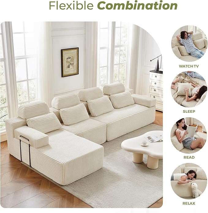 136" L-Shaped Cloud Modular Sectional Sofa with Chaise & Headrest, Boneless Deep Seat Plush Corduroy Couches for Large Living Room, No Assembly Required (White, 136" L-shapred Chaise)