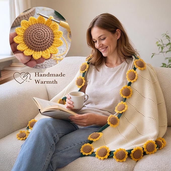 Get Well Gifts for Women, Sunflower Flower Bouquet Blanket Gift Basket, Encouraging Care Package for Her, Thank You & Thinking of You Gifts, Cozy Throw with Mug Candle Socks (Sunflower Bloom)