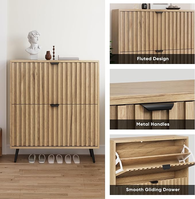 Smuxee Shoe Cabinet with 2 Flip Drawers, 31.5" Natural Hidden Shoe Storage Cabinet with Fluted Design, Freestanding Shoe Organizer Cabinet for Entryway, Hallway, Closet, Living Room - Image 5
