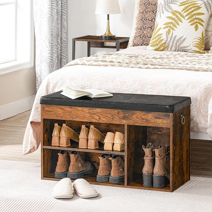 HOOBRO Shoe Storage Bench with Cushion, 32.3'' Entryway Bench with Lift Top Hidden Storage and Adjustable Shelves, Wooden Shoe Rack Bench for Entryway Bedroom, Rustic Brown and Black BF40HX01 - Image 2