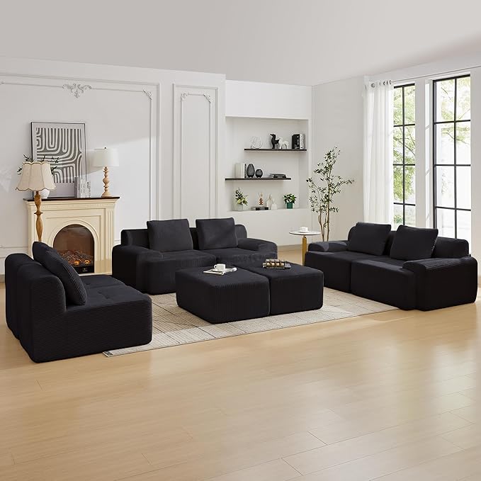 Modular Sectional Sofa with Movable Ottoman, 6 Seat Deep Seat Couch with 6 Pillows, Comfy Cloud Sectional Sofa for Living Room, Bedroom and Apartment (Black, 2 Left+2 Right+2 Middle+2 Ottoman)
