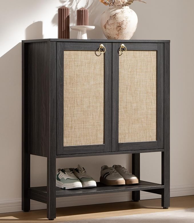 SICOTAS Rattan Shoe Storage Cabinet - 5 Tier Farmhouse Boho Shoe Storage Organizer Cabinet with Doors and Shelves, Tall Shoe Rack for Entryway, Hallway, Living Room, Closet (Obsidian) by SICOTAS