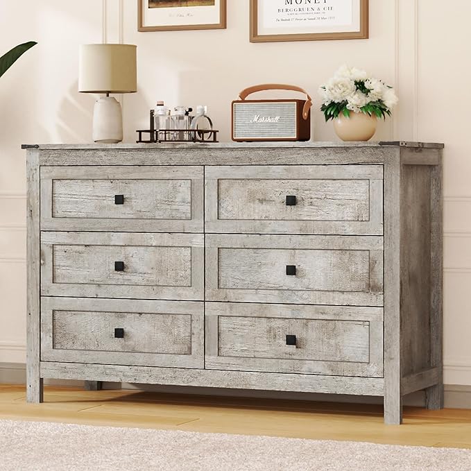 EazeHome 3 Piece Bedroom Set - Includes 6 Drawer Dresser for Bedroom, Set of 2 Nightstands with Open Storage Shelf and Drawers, Retro Dresser and Nightstand Sets, Gray