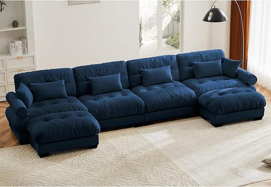 KEIKI 166" U-Shaped Oversized Velvet Modular Sectional Sofa with 2 Ottoman, High-Density Foam Cushions and Bolstered Armrests, Upholstered 4-Seater Cloud Couch with 6 Pillow, for Living Room, Blue