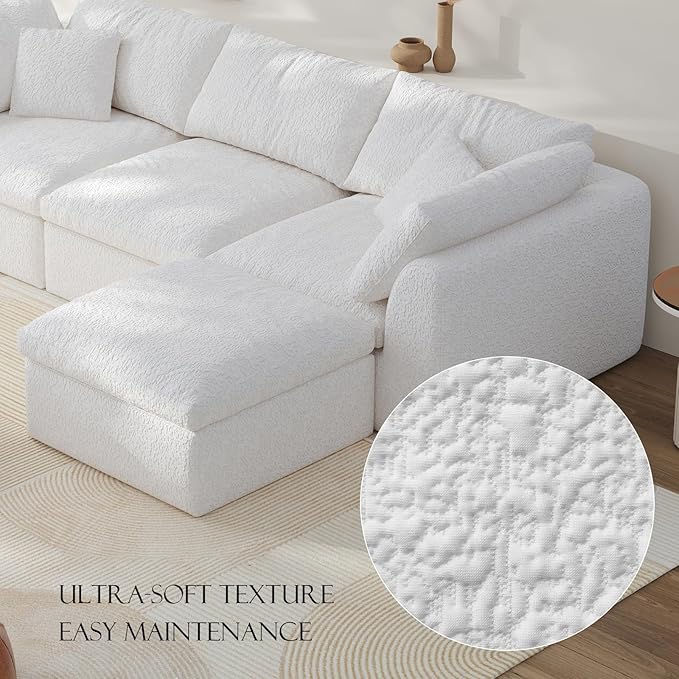 Modular Sectional Sofa Boneless Cloud Couch for Living Room, U Shape Deep Seat Recliner Sofa with Ottoman, Adjustable Backrest & 2 Throw Pillows - Covers Washable, (White, 4 Seater+4 Ottoman)