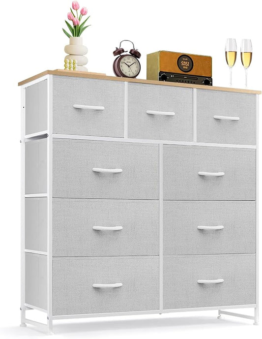 9-Drawer Dresser for Bedroom, Anti-Tip Tall Storage Organizer Chest of Drawers with Wooden Top and Metal Frame Fabric Bins for Closet, Living Room, Hallway, Entryway, Light Gray by SageNest
