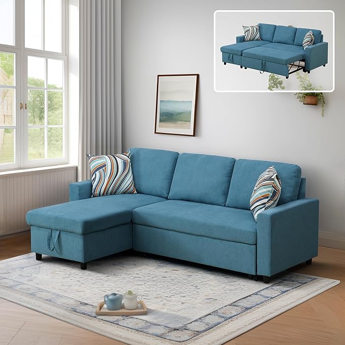 83" L-Shape Pull Out Sleeper Sofa Bed with Storage Chaise, 2 Pieces Sectional Couch Bed with Back Cushion for Living Room,Apartment,Office - Green