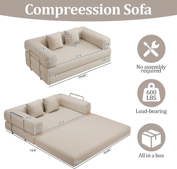 4-in-1 Foldable Sofa Bed Teddy Fabric Foam-Filled Compressed Couch, Beds Queen Size Convertible Sofa Couch Loveseat , Boneless Folding Sleeper for Living Room, Guest Bed, Playroom (Beige, 59” 2 Seat)