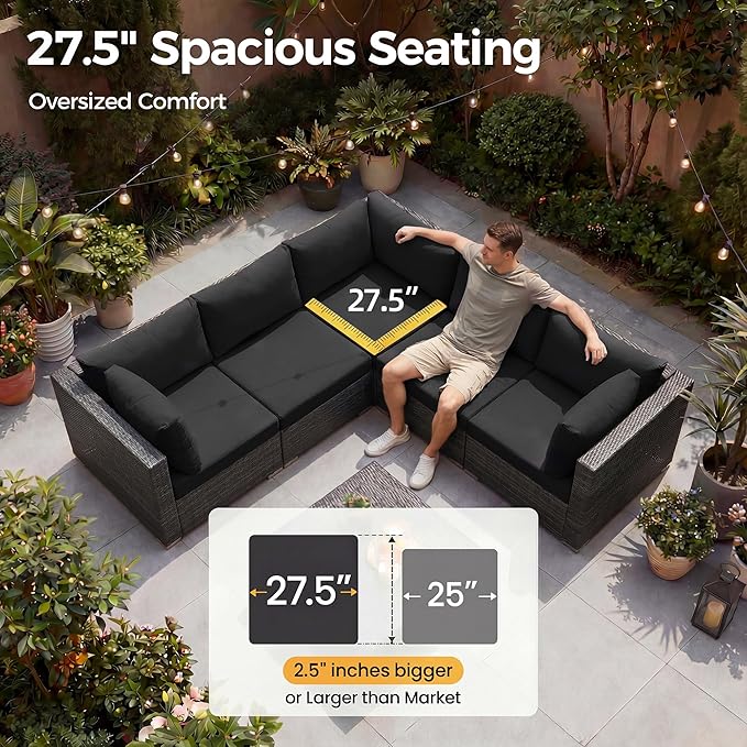 NICESOUL 8 Piece Outdoor Patio Set, 29.3'' High Back Extra Large Wicker Patio Furniture, Deep Seating Comfy L Shaped Modular Sectional Set of 8, Modern Wide Conversation, 2 Color Cushion Black & Gray