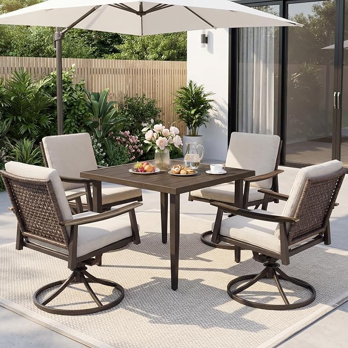 NATURAL EXPRESSIONS Outdoor Dining Set,Patio Table and Chairs Set with 4 Rattan Wicker Swivel Chairs,5 Piece Patio Dining Set for 4,36.6" Woodgrain Table with 1.65" Umbrella Hole,Patio Sets for Yard by NaturalExpressions