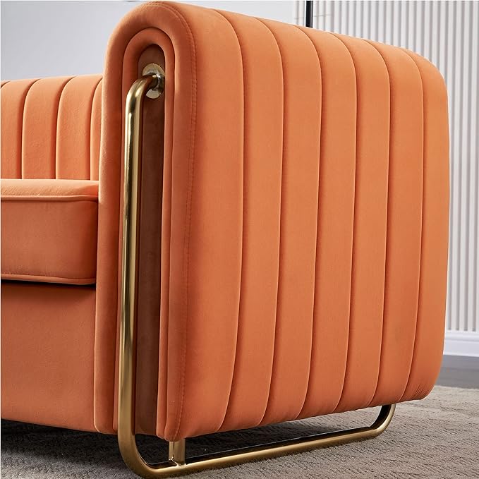 KEIKI 84" Velvet Deep Channel Tufted Sofa with Back Cushions and Rolled Arms, Modern Style 3-Seater Couch with Golden Polished Steel Legs, Easy Assembly, for Living Room, Bedroom, Office, Orange