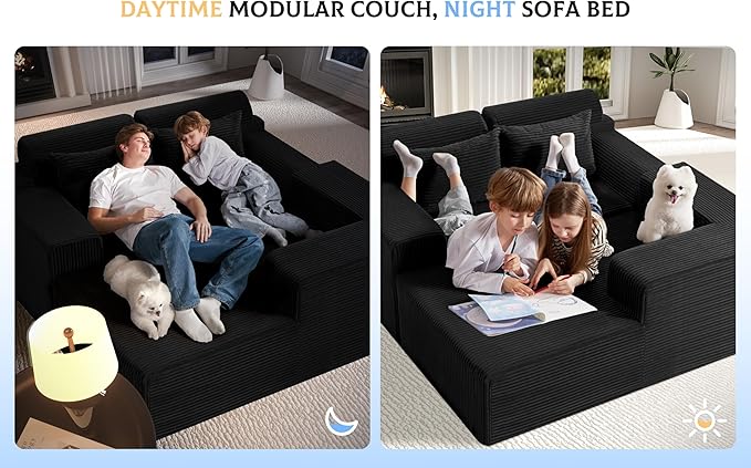 Homguava Modular Sectional Couches for Living Room,105" Cloud Couch with L-Shape Chaise,Comfy Sofa Living Room Sofas with Deep Seat,No Assembly L Couch,Corduroy Fabric(Black,R)