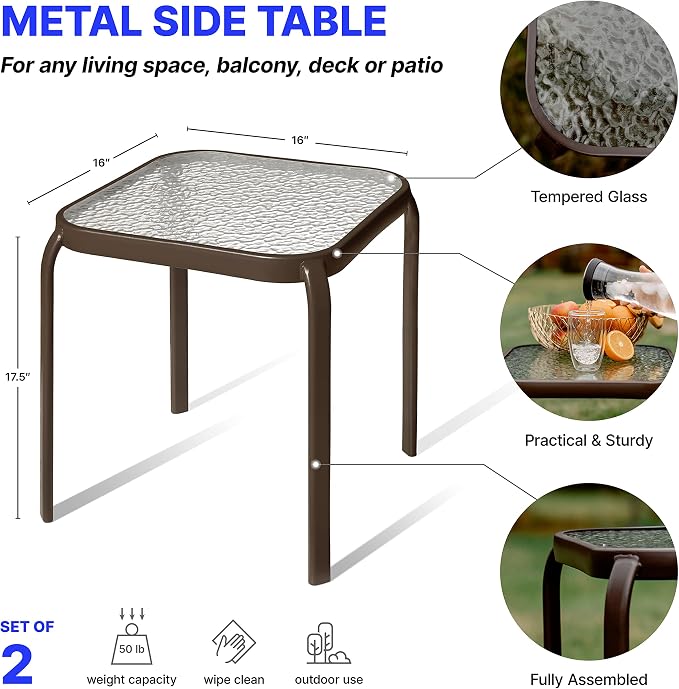 Bronze Metal Outdoor Side Table with Tempered Glass Top Set of 2 – Elegant Small 16" Square Patio Table – Durable Weather-Resistant Coffee Bistro Accent End Table for Outside and Garden - Image 3