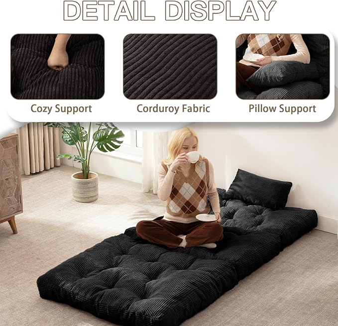 Folding Sofa Bed, Convertible Sleeper Chair with Pillow Foldable Mattress with Back Support, Portable Fold Out Chair Bed Comfy Floor Sofa Lounge for Living Room Bedroom, Black Twin 80x39 Inch