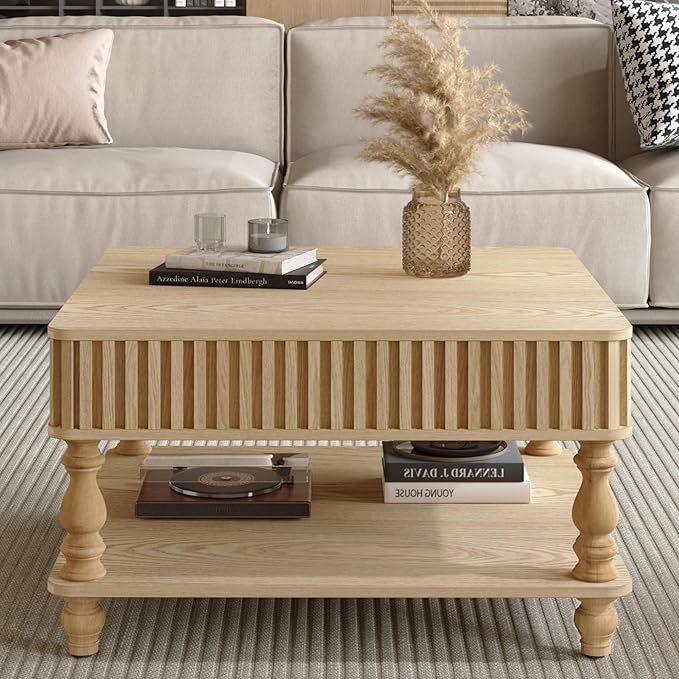 31.5" Square Lift Top Coffee Table with Storage Modern Fluted Coffee Tables with Lifting Top, Farmhouse Solid Wood Center Table with Table Legs for Living Room, Apartment or Office (Natural)