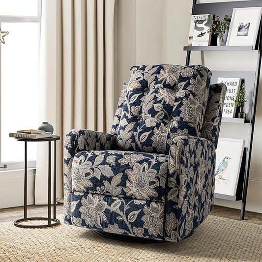 HULALA Home Recliner Chair Modern Printed Fabric for Living Room, Wingback Rocker Recliner Sofa Comfy Armchair 360 Degree Swivel, Nursery Rocking Chairs with Adjustable Backrest & Footrest/Navy