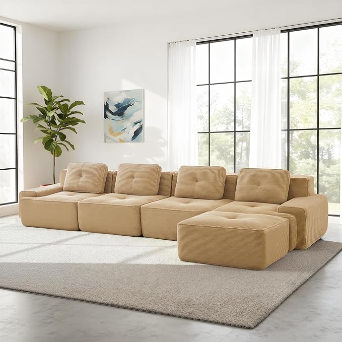Casaphoria 150'' Corduroy Cloud Couch, 4-Seat L-Shaped Sectional Sofa with 4 Pillows & Ottoman for Living Room, Deep Seat Boneless Couch for Modern Apartment, No Assembly Required, Camel
