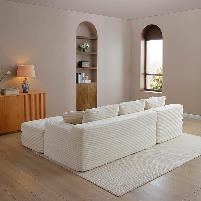 105-Inch L-Shaped Left Facing Corner Compressed Sofa Modular Sectional Boneless Cloud Sofa Floor Foam Couch with Chaise Lounge, Corduroy Corner Boneless Cloud Couch