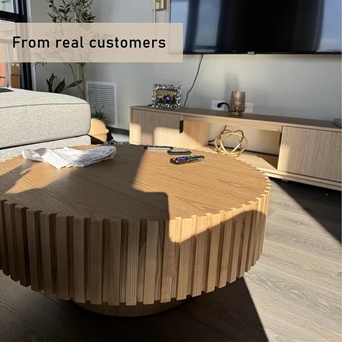 31.49" Coffee Table, Round Coffee Table, Wood Coffee Table for Living Room, Handcrafted Relief Carving, Easy Assembly, Oak