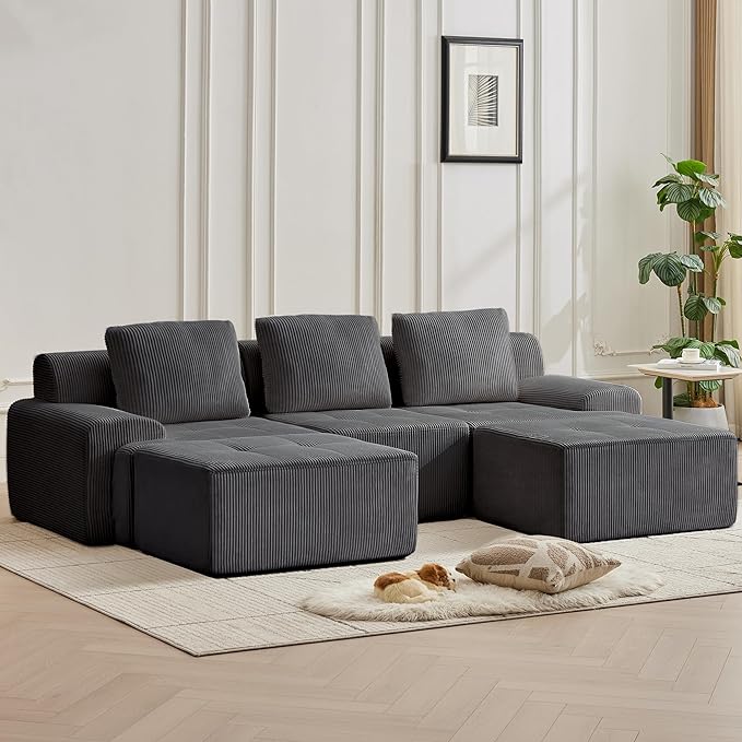 Modular Sectional Sofa with Movable Ottoman, 3 Seat Deep Seat Couch with 3 Pillows, Comfy Cloud Sectional Sofa for Living Room, Bedroom and Apartment (Grey, 1 Left+1 Right+1 Middle+2 Ottoman)