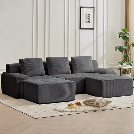 Modular Sectional Sofa with Movable Ottoman, 3 Seat Deep Seat Couch with 3 Pillows, Comfy Cloud Sectional Sofa for Living Room, Bedroom and Apartment (Grey, 1 Left+1 Right+1 Middle+2 Ottoman)