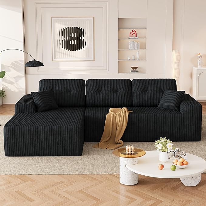 Ball & Cast 106" Boneless Sectional Sofa, Corduroy Modular L Shaped Couch with Deep Seat Chaise, Cloud Style Oversized Sectional Couch for Living Room, No Assembly, Left Facing, Black