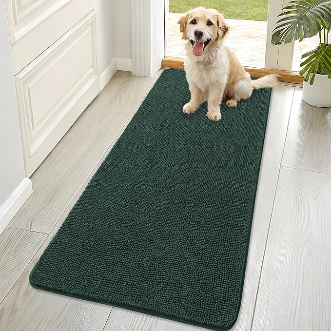 OLANLY Dog Door Mat for Muddy Paws 70x32, Absorbs Moisture and Dirt, Absorbent Non-Slip Washable Doormat, Quick Dry Chenille Mud Mat, Entry Indoor Entryway Carpet for Inside Floor, Blackish Green by OLANLY