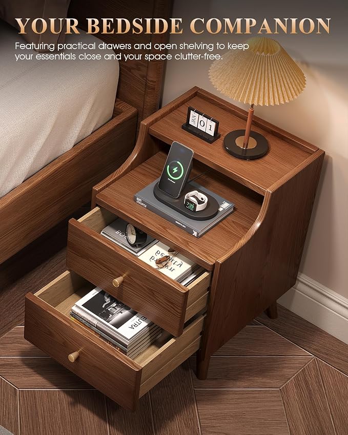 Wood Nightstand, 15.7" Wide Bedside Table with 2/3 Drawers and Large Storage, Solid Wood End Table with Open Shelf & Cable Hole, Modern Storage Cabinet, Walnut, Bedroom & Apartment - Image 3