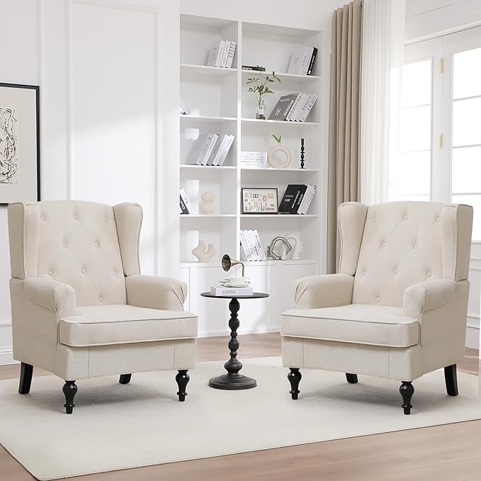 Accent Chair Set of 2, Mid Century Modern Fabric Wingback Chair, Upholstered Armchair with High Back and Vintage Legs, Comfy Single Sofa Side Reading Chair for Living Room Bedroom, Khaki