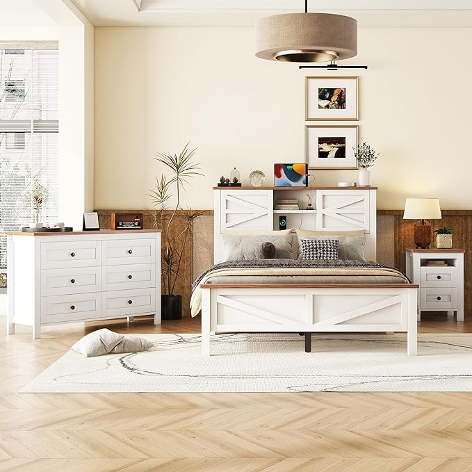 3-Pieces Bedroom Sets, Full Size Farmhouse Platform Bed with Cabinet and Nightstand, Wood Bedroom Furniture Set with Storage Headboard, No Box Spring Needed (White+Brown/77)