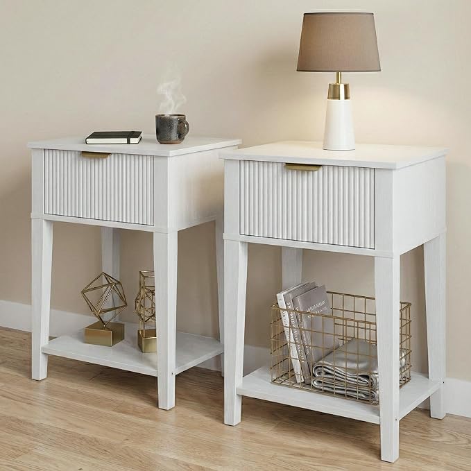 Modern Fluted Small Wood Nightstands Set of 2, 11.8" Deep x 15.4" Narrow Bedside Tables with Drawer & Open Shelf, Farmhouse Chic Side Tables for Bedroom - White by RIHHA