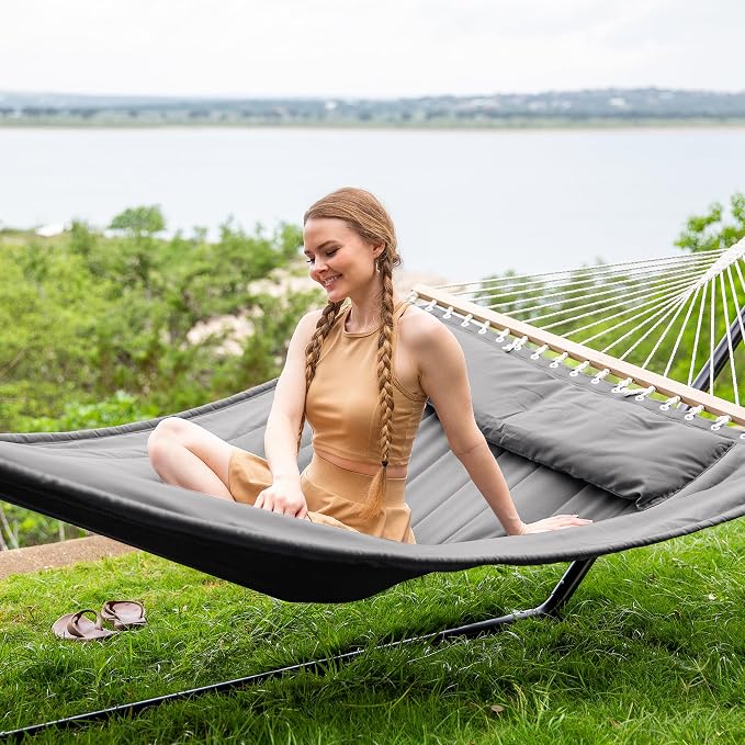 SUNCREAT Double Hammock with 15 ft Stand, Outdoor Hammock with Stand, Balance Straps, Light Gray - Image 2