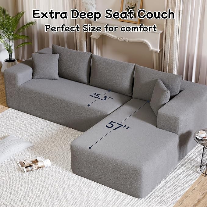 104” Sectional Cloud Couch, L-Shape Compressed Sofa with Left Chaise Lounge, Modular Cloud Couch with 2 Pillows & Deep Seat, Rain Drop Velvet Floor Sofa for Living Room, Light Gray