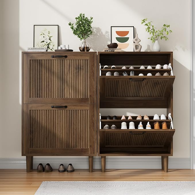 Kiasthome 2 Tier Entryway Shoe Storage Cabinet Closed Space Saving Hidden Shoe Organizer with Ribbed Doors Freestanding for Hallway Bedroom Walnut Finish (Walnut, 24.4") - Image 4