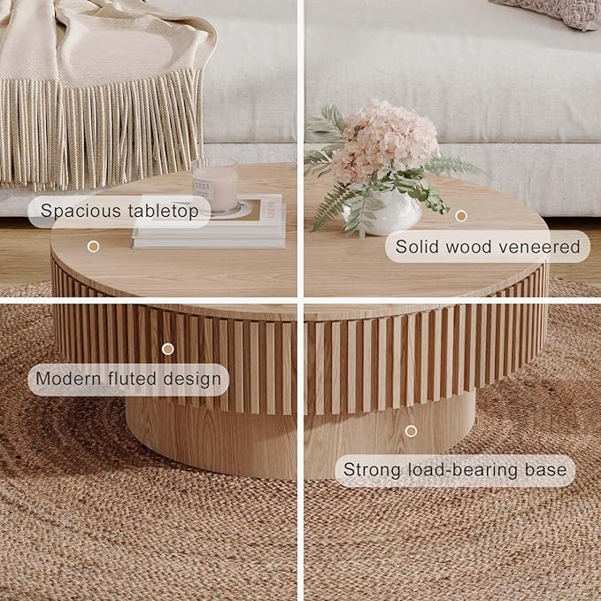 Round Coffee Table with Storage, Modern Wooden Coffee Table with Solid Wood Veneered, Circle Center Table Accent Tea Table for Living Room Apartment Small Space (31.5''L × 31.5''W × 14''H, Natural)