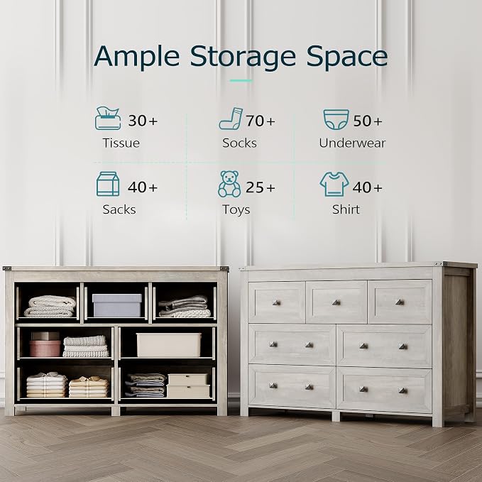 Dresser for Bedroom with 7 Drawers, Farmhouse Wood Chest of Drawers, Wide TV Stand Closet Storage Furniture with Metal Handle, Modern Clothes Organizer for Hallway, Living Room, Entryway, Light Grey - Image 4