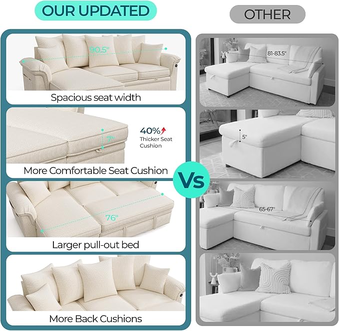 LINSY HOME 90.5'' Sectional Sleeper Sofa with Pull Out Couch Bed Modular (Beige, 90.5'') | USB Charging, Pillow-style Armrest, Multiple Cushions, Storage Chaise, Corduroy Fabric