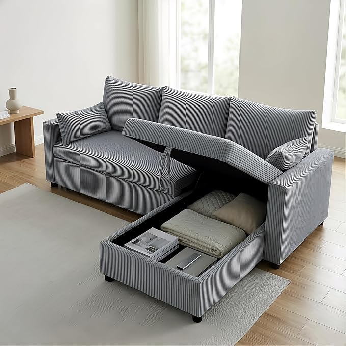 Queen Sleeper Sofa, Convertible Sofa Bed with Storage, 85 Inch Sectional Couch with Pull Out Bed, L Shaped 3 Seat Sectional Sleeper Sofa for Living Room, Apartment, Grey