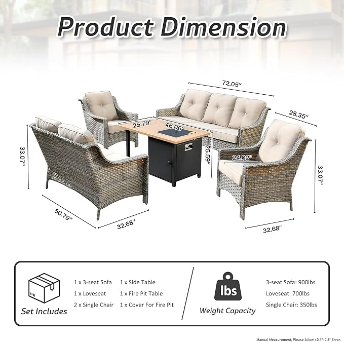 HOOOWOOO 5 Piece Patio Set with Fire Pit Table, All Weather Resistant High Back Rattan Outdoor Wicker Furniture (Beige Tan)