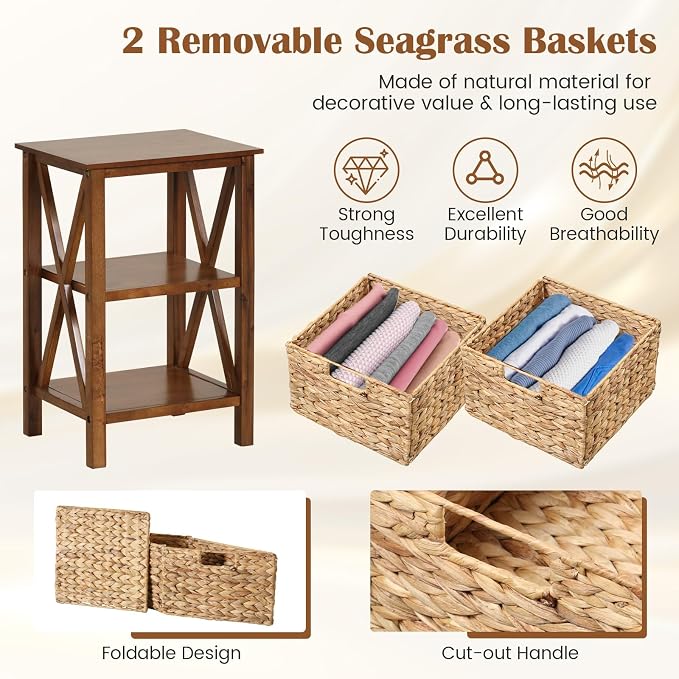 Giantex 2-Tier Nightstand with Wicker Baskets Set of 2, Wooden X-Design Side Table End Table, Beside Table with Acacia Wood Legs, Mid Century Accent Storage Cabinet for Small Spaces, Bedroom, Walnut - Image 7