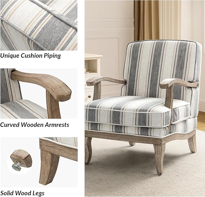 HULALA HOME Upholstered Accent Chair, Mid-Century Modern Striped Chair with Graceful Curves and Wooden Legs, Comfy Lounge Armchair Striped Accent Chairs for Living Room, Bedroom (Stripe)