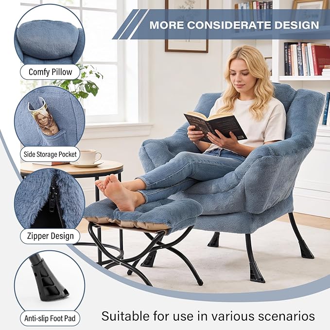 MBOOYOME Lazy Chair with Folding Ottoman, Modern Accent Armchair with Armrests and a Side Pocket & Foldable Footstool, Reading Chair for Living Room, Bedroom & Dorm, Plush Light Blue
