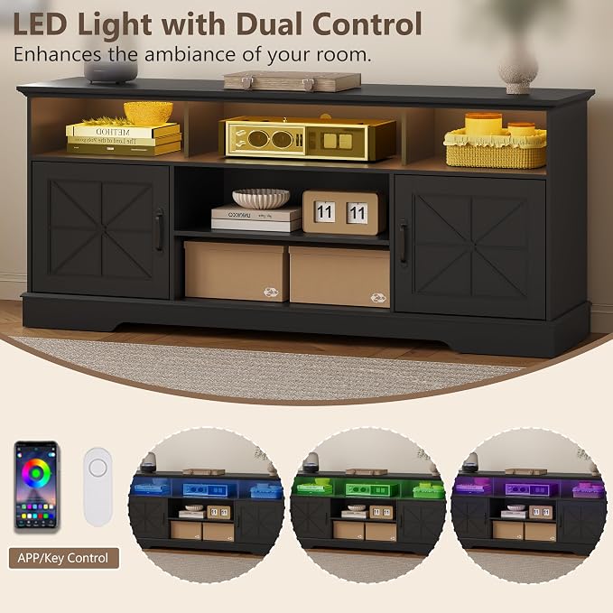 TV Stand for 65 Inch TV, Farmhouse Entertainment Center with RGB LED Lights, 59 Inch Media Console with Adjustable Center Shelf and Storage Cabinets, Rustic Barn Door Style - Image 4