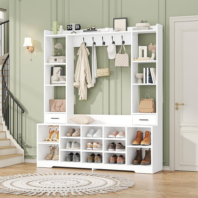 Semoic Farmhouse Hall Tree with 2 Independent Drawers,6-in-1 Entryway Bench with Coat Rack Adjustable Shoe Storage for Foyer/Hallway,White - Image 8