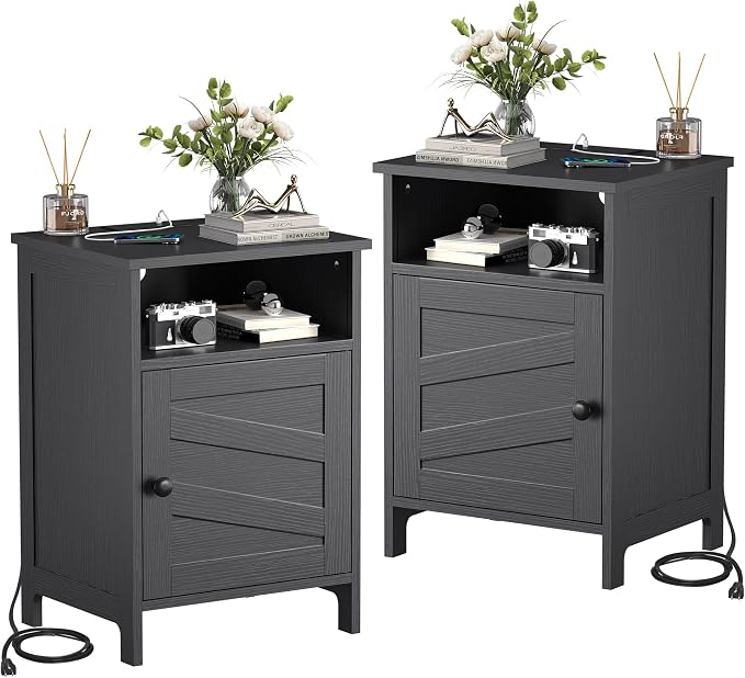 Nightstands Set of 2 with Charging Station, Farmhouse Night Stand with Open Shelf, Bedside Tables with Enclosed Cabinet, Wooden End Table with USB Ports & Outlets for Bedroom by TimelessWarmth