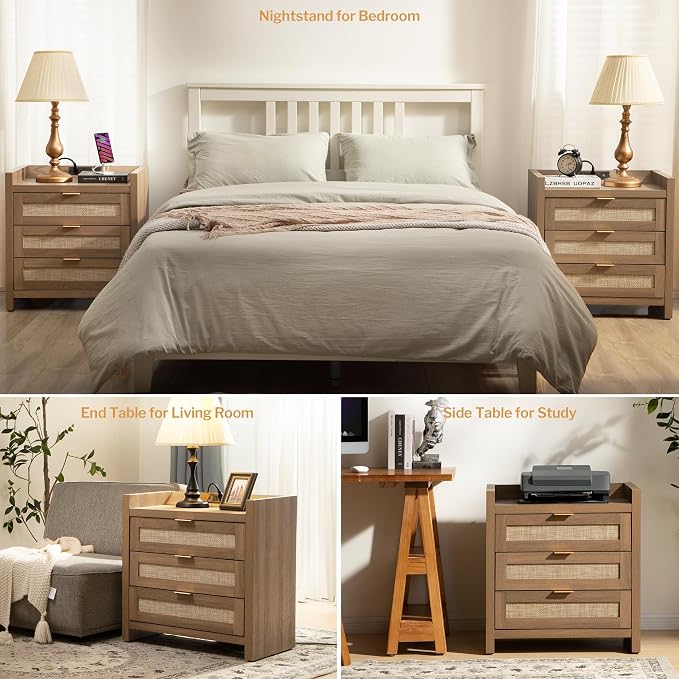 SICOTAS Rattan Night Stand Set of 2 - Tall Nightstands with Type-C Charging Station, 3 Rattan Storage Drawers, Larger Nightstand Boho Bedside Table End Table for Bedroom Sofa Couch Office - Oak - Image 7