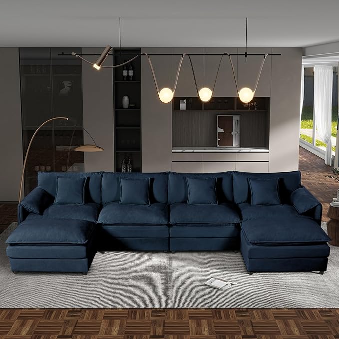 143-Inch U-Shaped Sectional Cloud Sofa Oversized Modular 6 Seaters Sofa Couch with 2 Ottoman Chaise and Pillow Armrest, Chenille Upholstered Convertible Cloud Couch