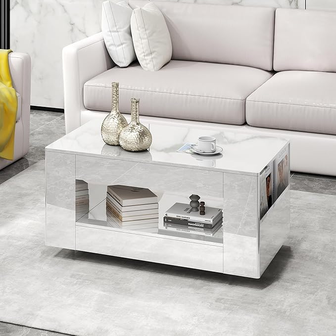 Glossy Coffee Table with Open Shelf Storage - High Gloss Modern Cocktail Table for Living Room, Bedroom, Office