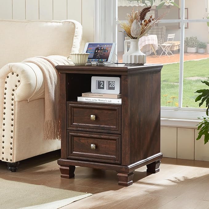 SAVOR LIFE Farmhouse Nightstand Set of 2 with Charging Station, Rustic Brown Nightstand, 2 Drawers End Table, Bedside Table with Open Shelf for Bedroom, Walnut - Image 7