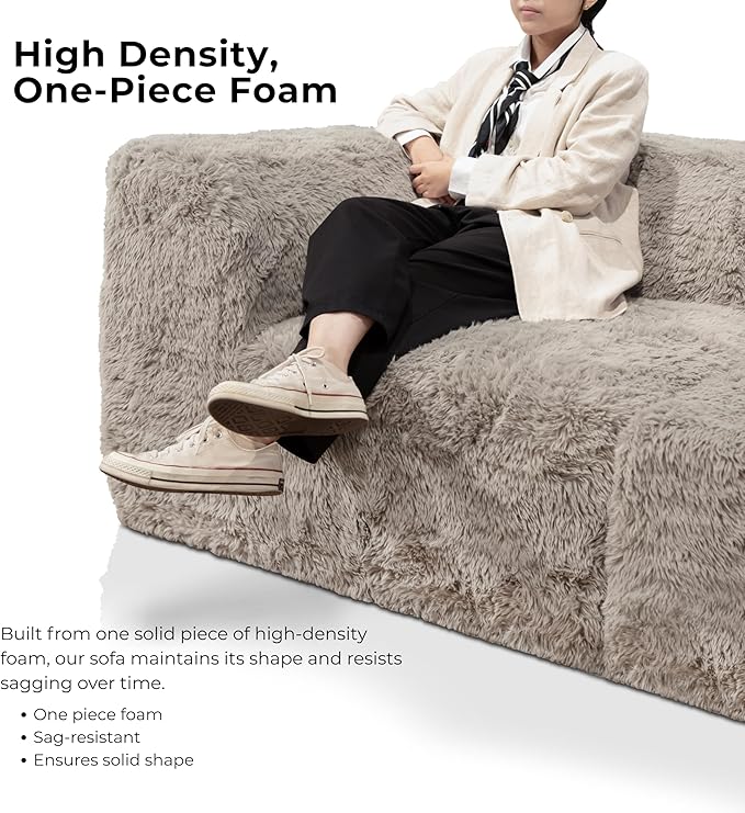 Furniture of America Havyn Modern Faux Fur 1-Seater Square Modular Foam Ottoman, Compressed Couch in a Box, No Assembly Required, for Living Room and Office, Taupe